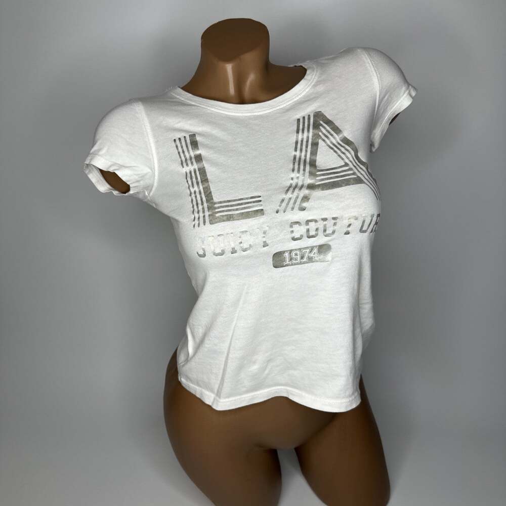 Juicy Couture Y2K Women’s Size 8 LA White Silver Short Sleeve Tee Shirt Top